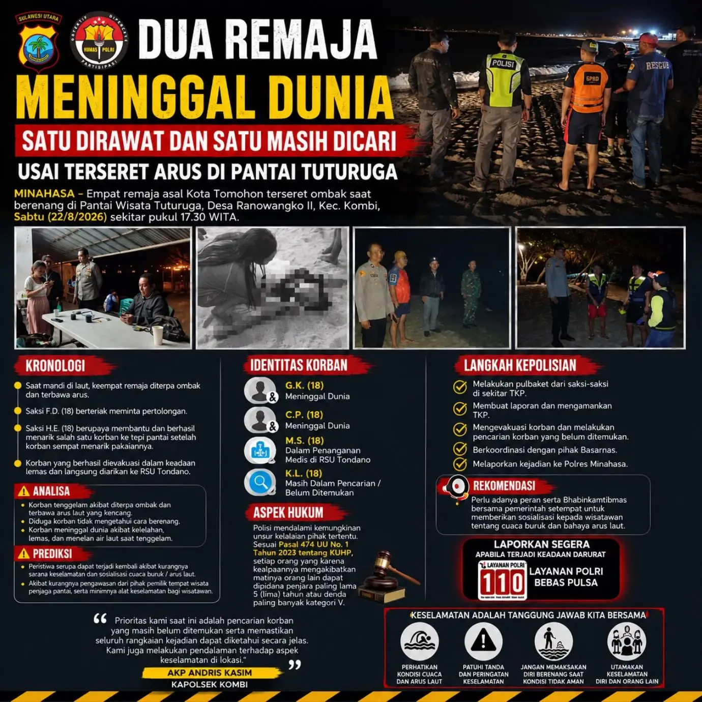 Dua Remaja Meninggal Dunia, Satu Dirawat dan Satu Masih Dicari Usai Terseret Arus di Pantai Tuturuga