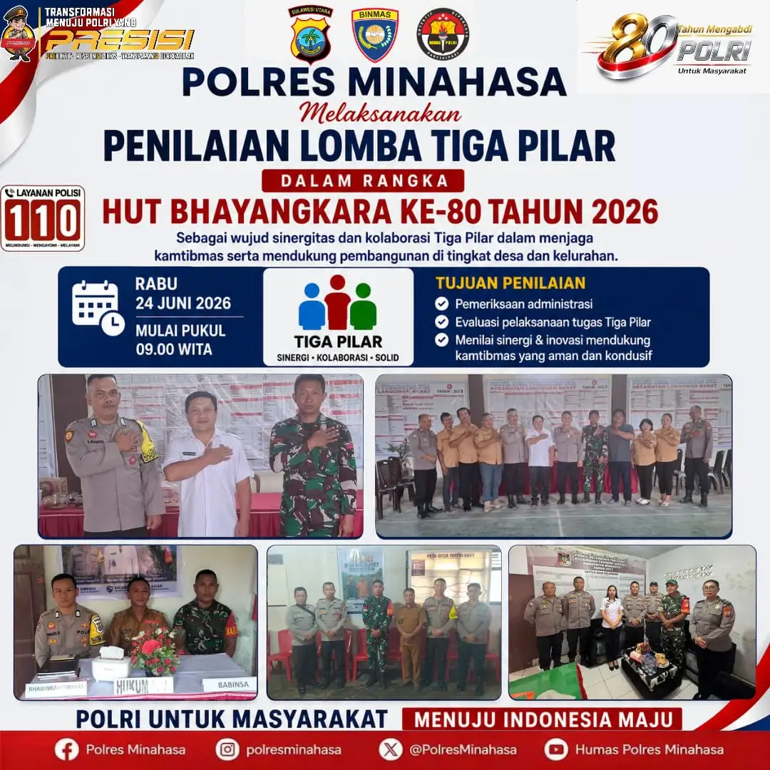 POLRES MINAHASA LAKSANAKAN PENILAIAN LOMBA TIGA PILAR DALAM RANGKA HUT BHAYANGKARA KE-80 TAHUN 2026