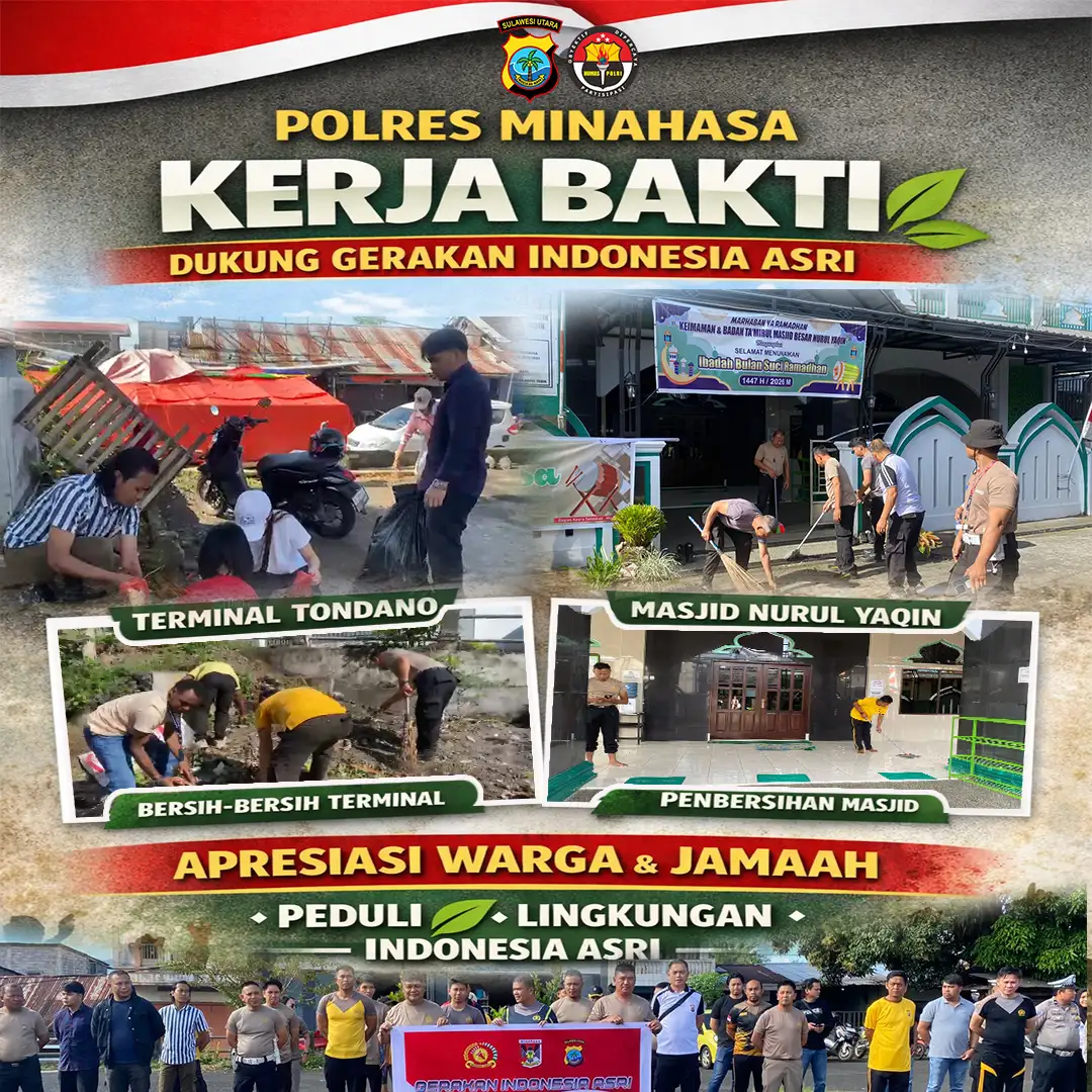 Polres Minahasa Gelar Kerja Bakti Dukung Gerakan Indonesia Asri di Terminal Tondano dan Masjid Nurul Yaqin