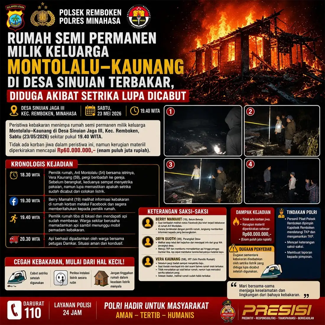 Rumah Warga di Kecamatan Remboken Terbakar, Polisi Lakukan Penyelidikan Awal Penyebab Kebakaran