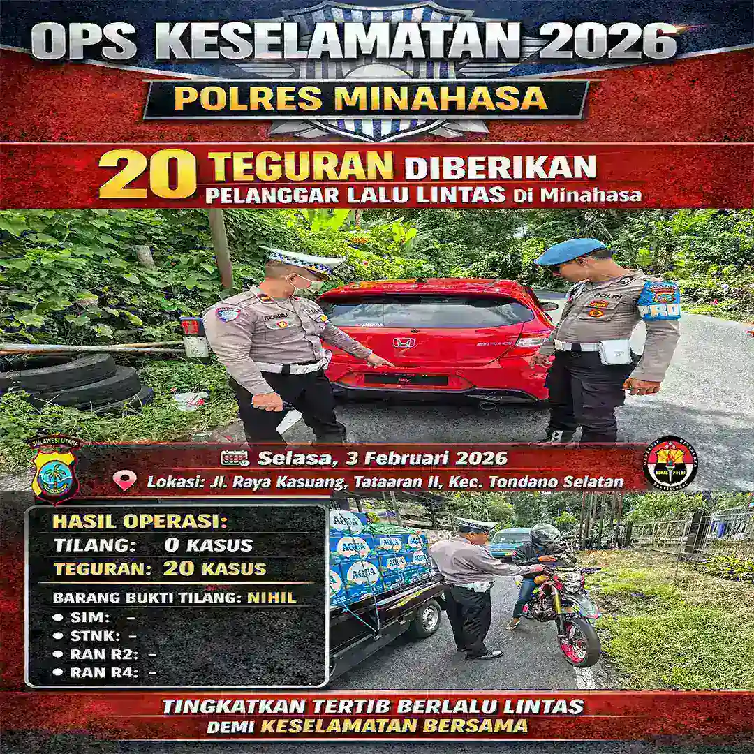 Ops Keselamatan 2026 Polres Minahasa, 20 Teguran Diberikan kepada Pelanggar Lalu Lintas