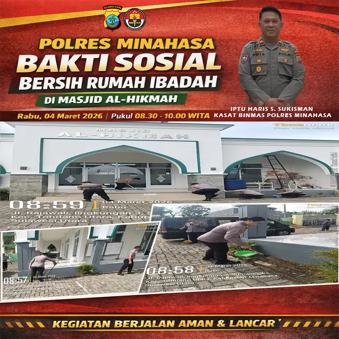 Sat Binmas Polres Minahasa Gelar Bakti Sosial Bersih-Bersih Rumah Ibadah di Masjid Al-Hikmah