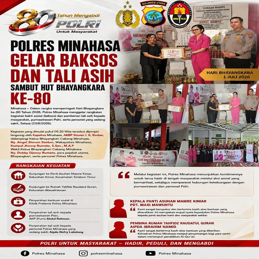POLRES MINAHASA GELAR BAKSOS DAN TALI ASIH SAMBUT HUT BHAYANGKARA KE-80