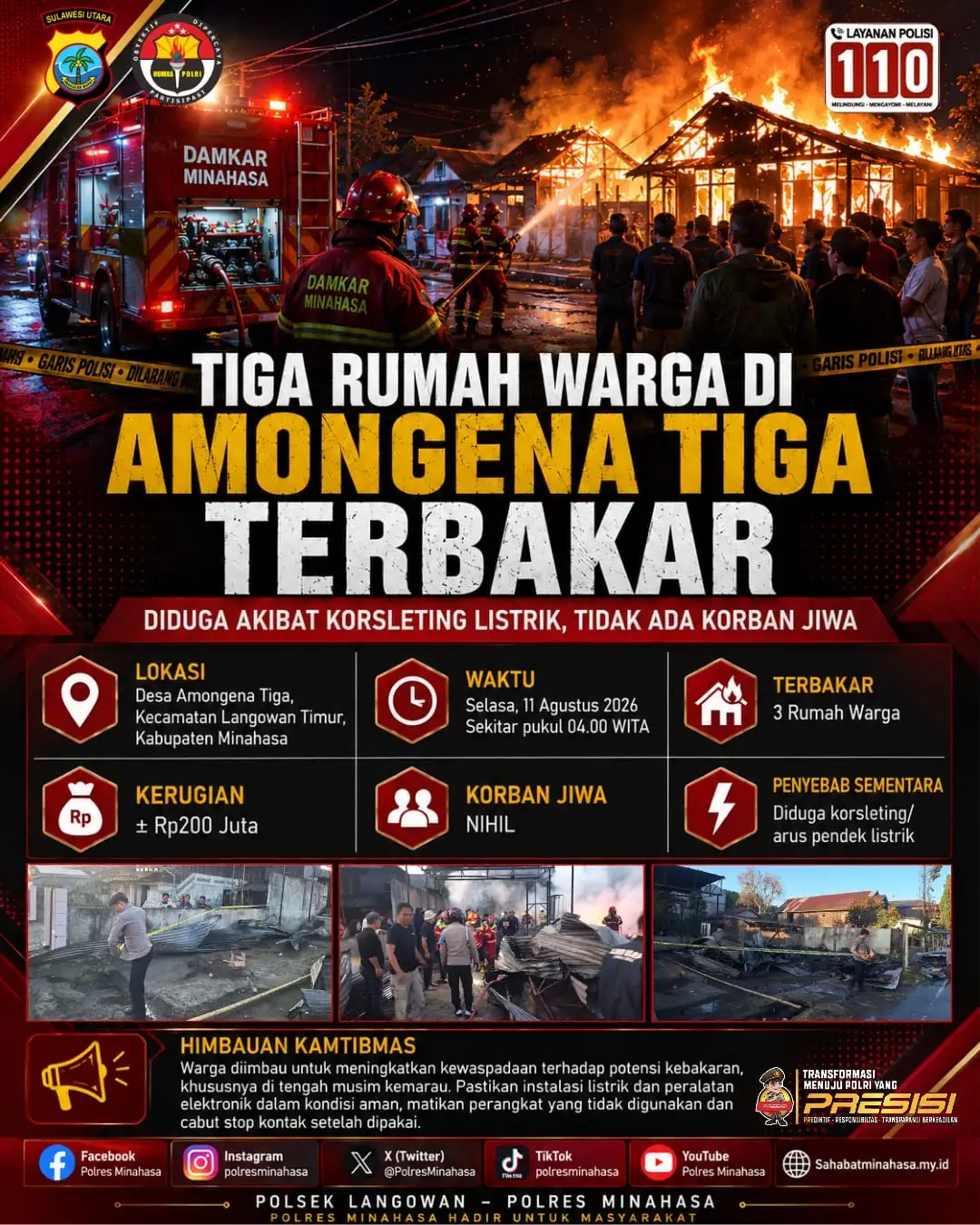 TIGA RUMAH WARGA DI AMONGENA TIGA TERBAKAR, DIDUGA AKIBAT KORSLETING LISTRIK