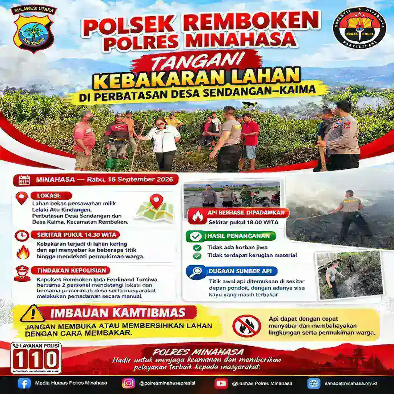 Polsek Remboken Tangani Kebakaran Lahan Di Perbatasan Desa Sendangan-Kaima