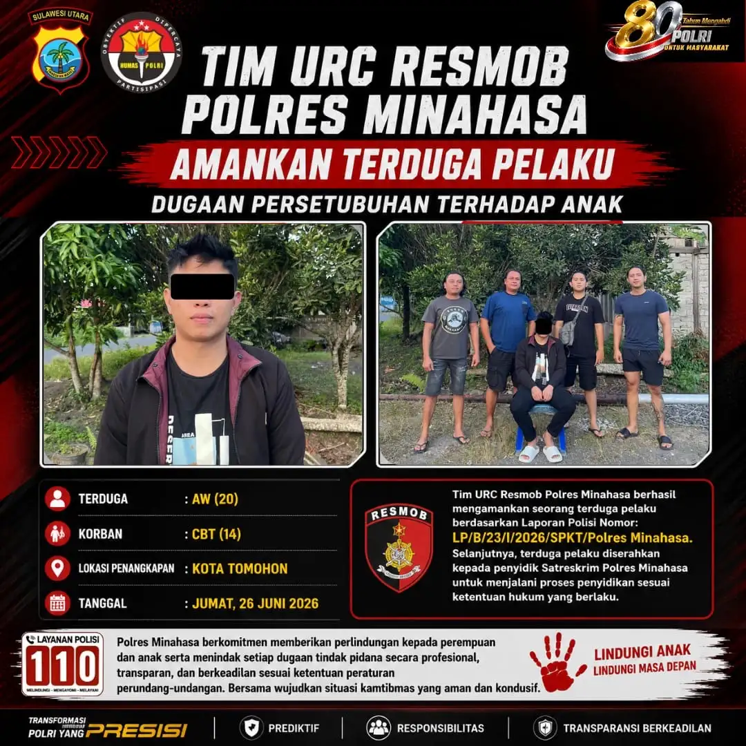 TIM URC RESMOB POLRES MINAHASA AMANKAN TERDUGA PELAKU DUGAAN PERSETUBUHAN TERHADAP ANAK