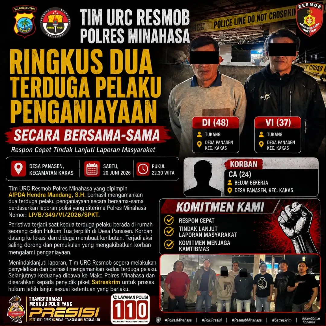 Tim URC Resmob Polres Minahasa Ringkus Dua Terduga Pelaku Penganiayaan Secara Bersama-sama