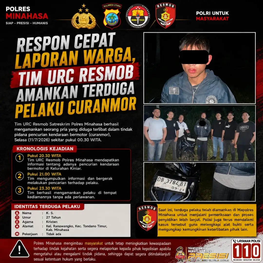 RESPON CEPAT LAPORAN WARGA, TIM URC RESMOB AMANKAN TERDUGA PELAKU CURANMOR