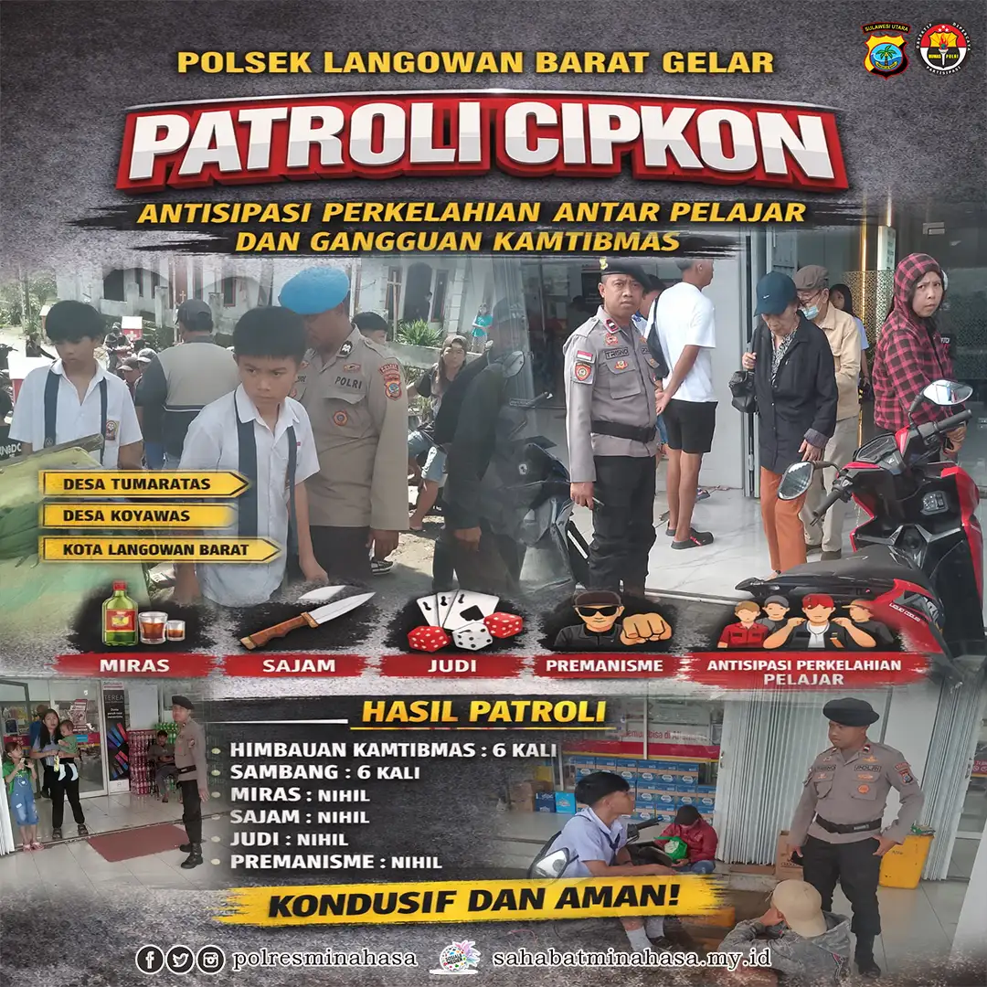Polsek Langowan Barat Gelar Patroli Cipkon Antisipasi Perkelahian Antar Pelajar dan Gangguan Kamtibmas