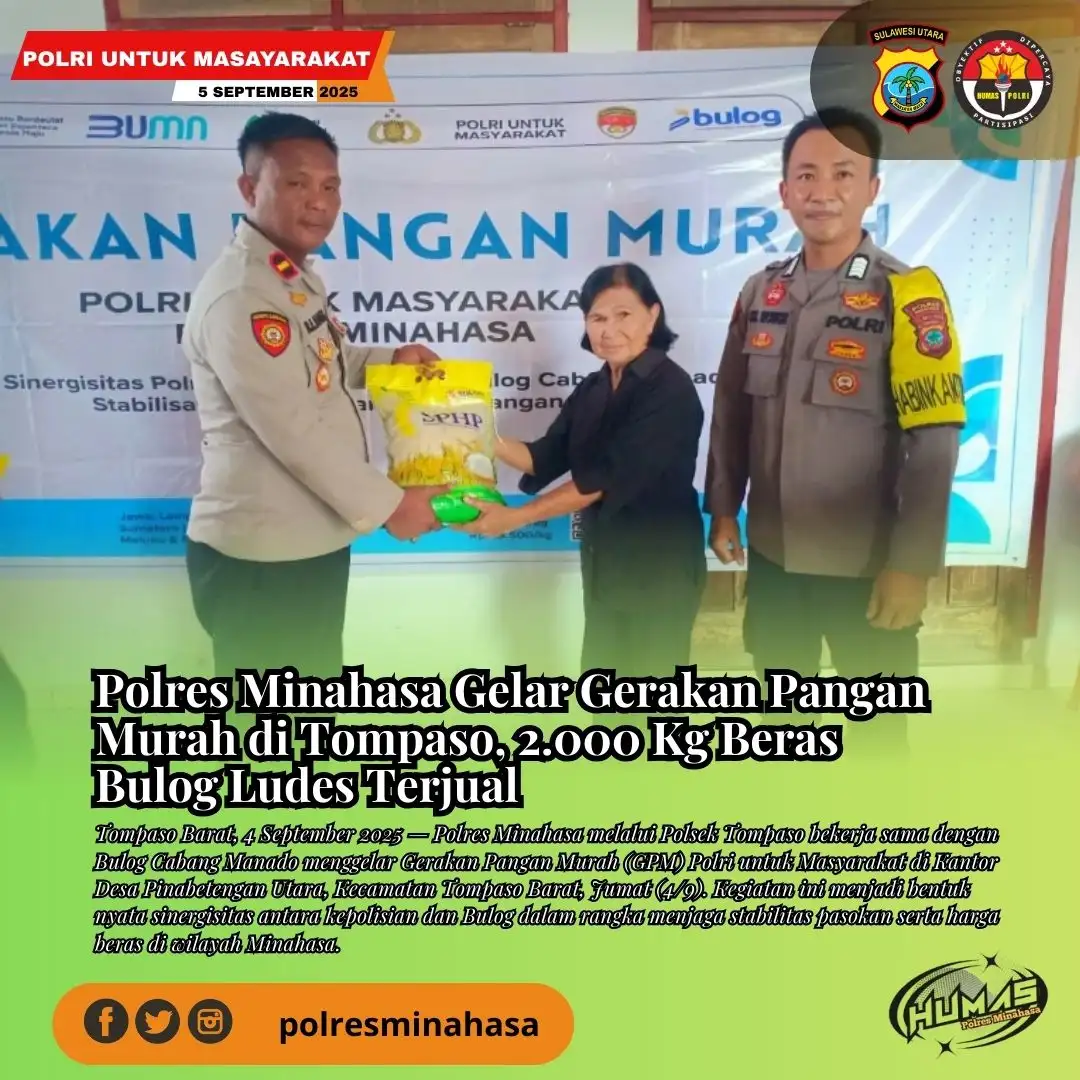 Polres Minahasa Gelar Gerakan Pangan Murah di Tompaso, 2.000 Kg Beras Bulog Ludes Terjual