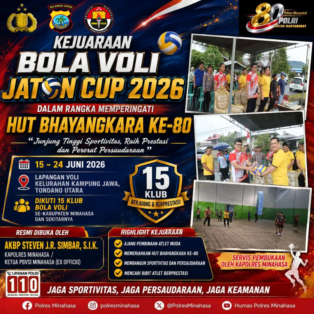 Kejuaraan Bola Voli Jaton Cup 2026 Resmi Dibuka, Meriahkan HUT Bhayangkara ke-80 di Minahasa