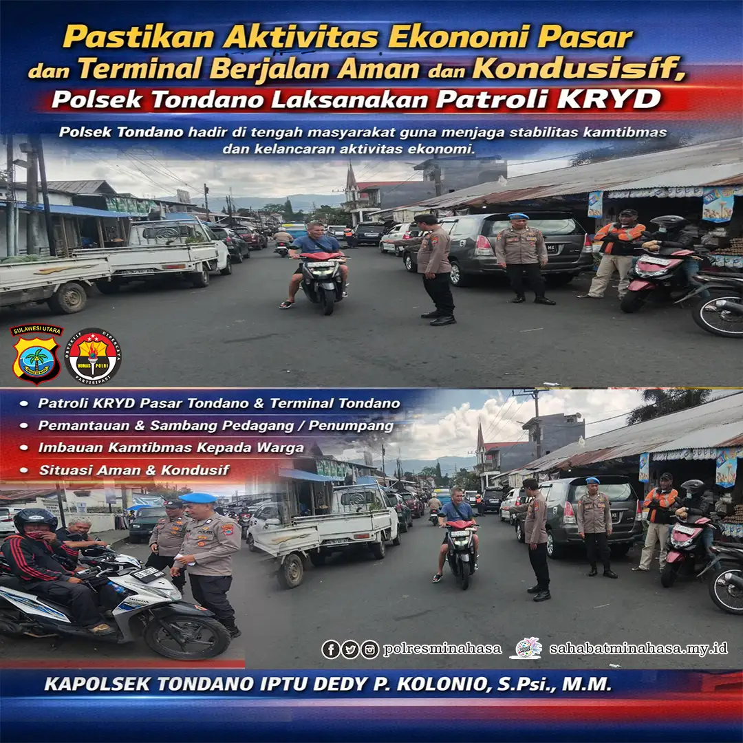 Pastikan Aktivitas Ekonomi Pasar dan Terminal Berjalan Aman dan Kondusif, Polsek Tondano Laksanakan Patroli KRYD