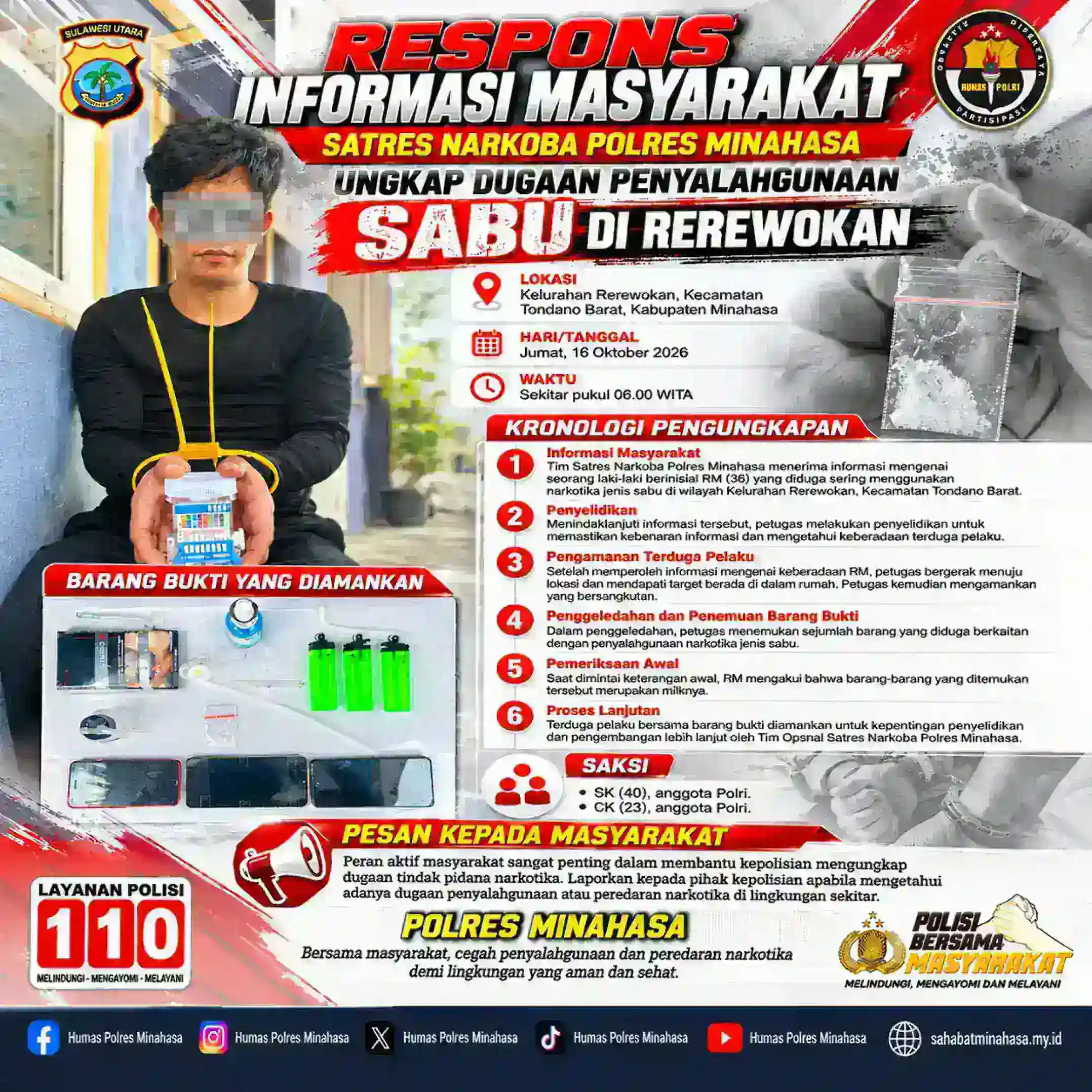 RESPONS INFORMASI MASYARAKAT SAT RESNARKOBA POLRES MINAHASA UNGKAP DUGAAN PENYALAHGUNAAN SABU DI REREWOKAN
