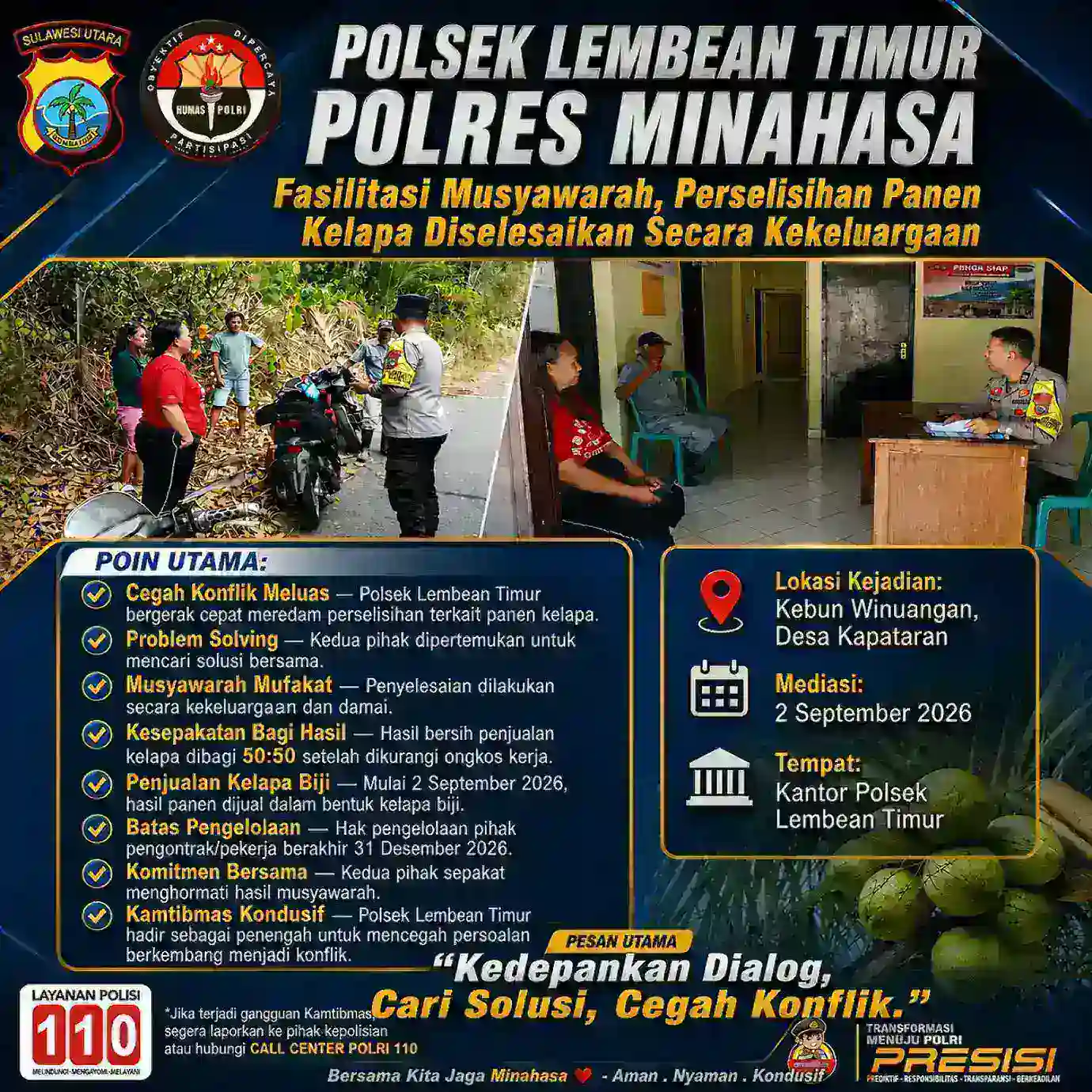 Polsek Lembean Timur Fasilitasi Musyawarah, Perselisihan Panen Kelapa Diselesaikan Secara Kekeluargaan