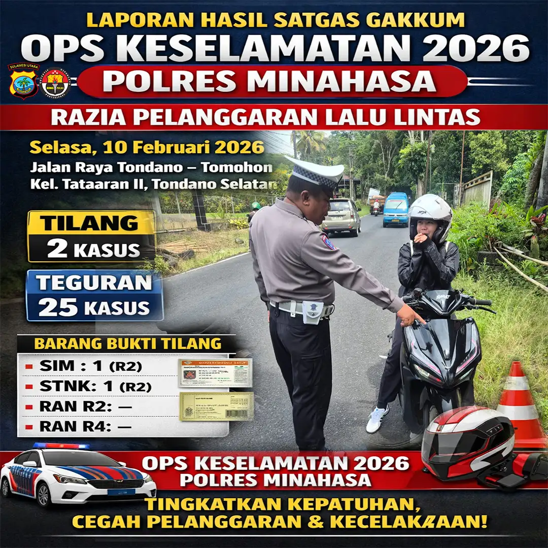 Satgas Gakkum Ops Keselamatan 2026 Polres Minahasa Jaring 27 Pelanggar di Jalan Raya Tondano–Tomohon