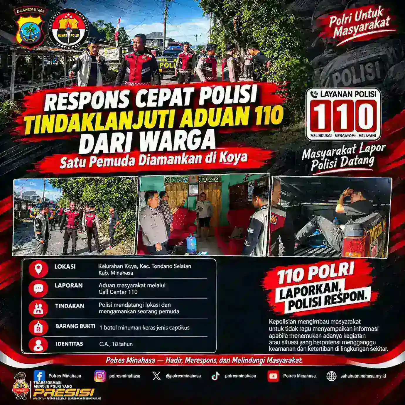 Respons Cepat Polisi Tindaklanjuti Aduan 110 Dari Warga, Satu Pemuda Diamankan di Koya