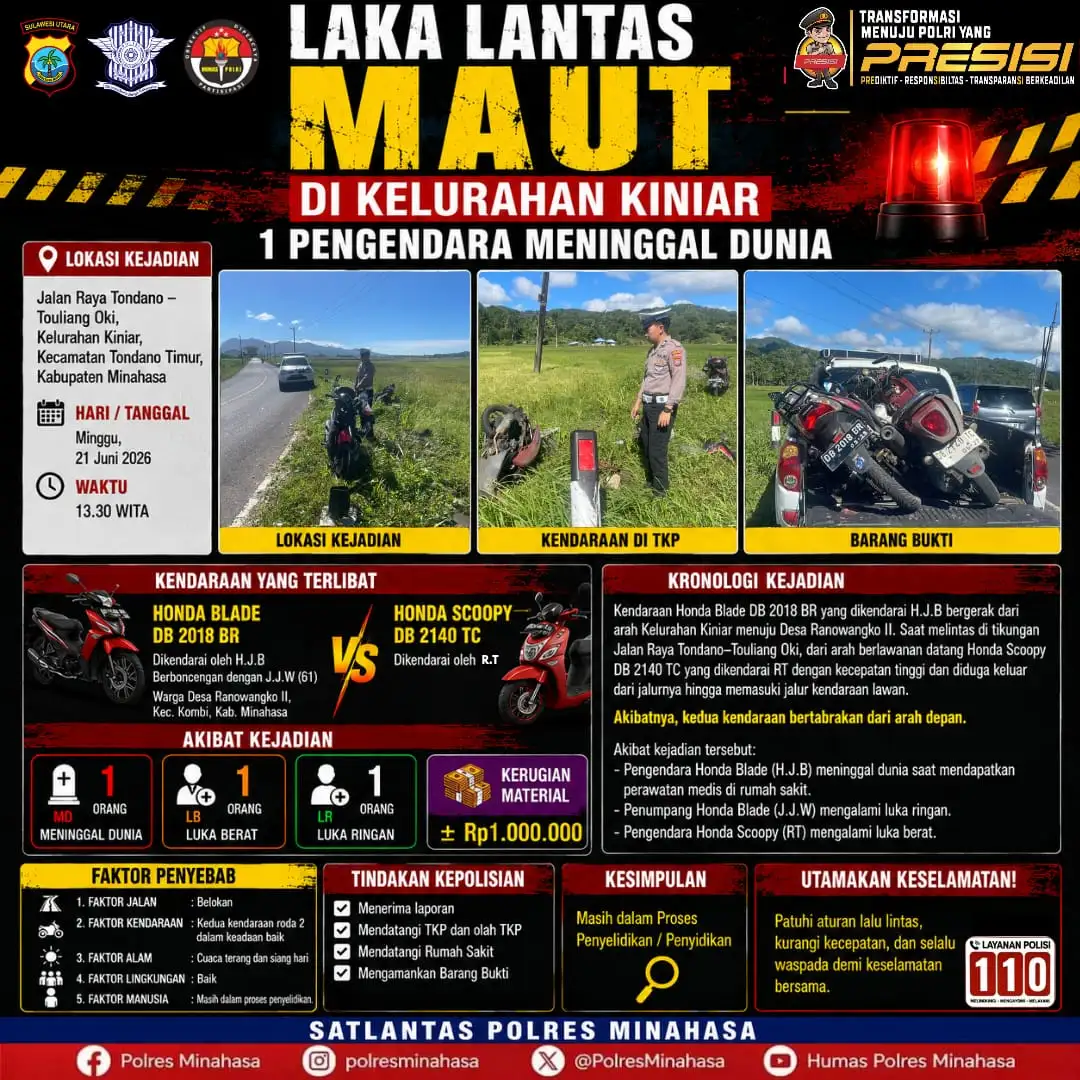 PENGENDARA MOTOR MENINGGAL DUNIA DALAM KECELAKAAN DI KINIAR, TONDANO TIMUR