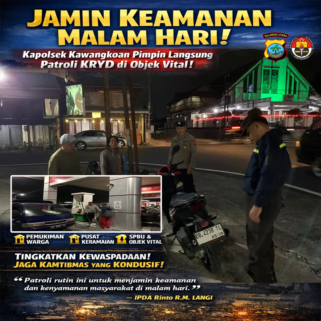 Jamin Keamanan Malam Hari, Kapolsek Kawangkoan Pimpin Langsung Patroli KRYD di Objek Vital