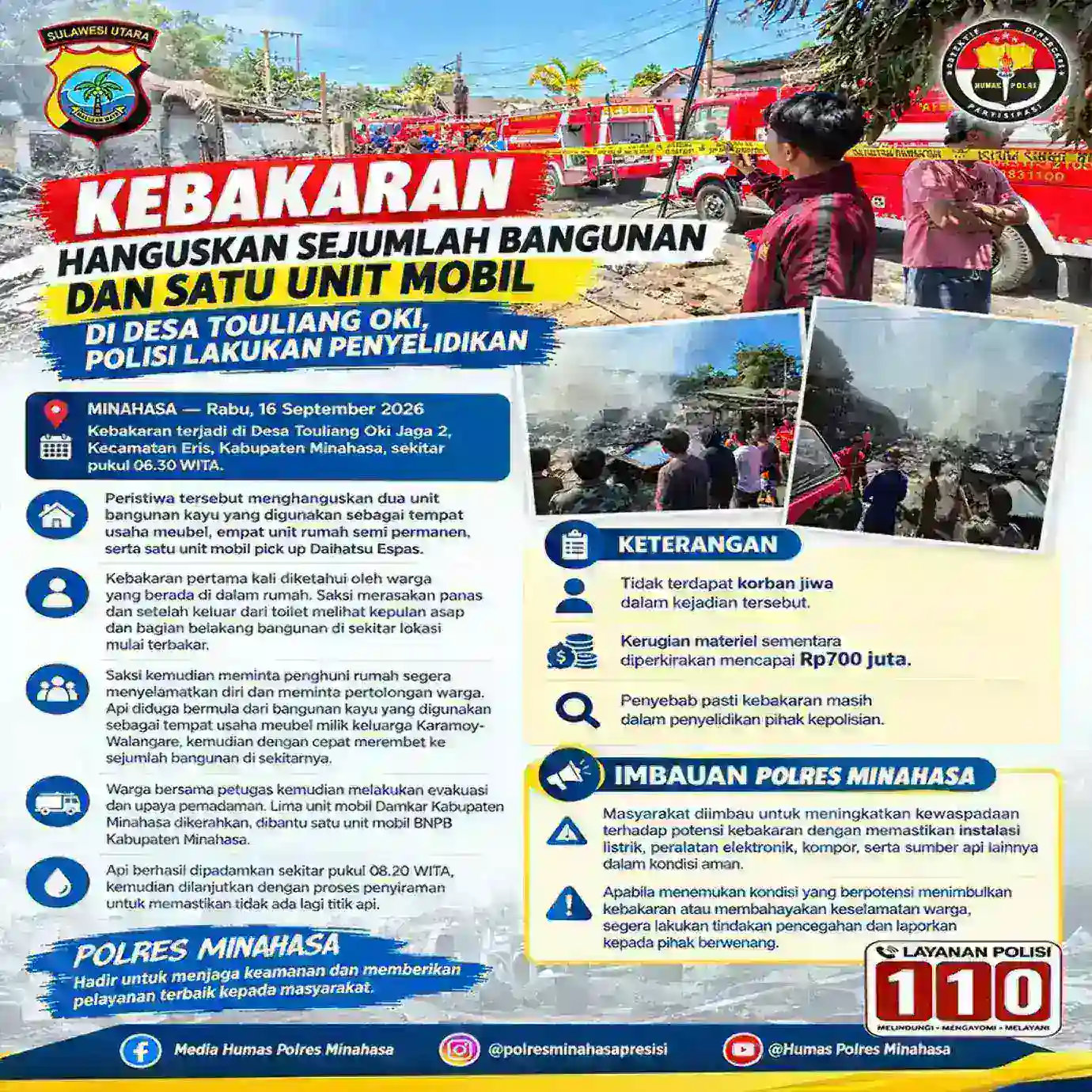 Kebakaran Hanguskan Sejumlah Bangunan dan Satu Mobil di Desa Touliang Oki, Polisi Lakukan Penyelidikan