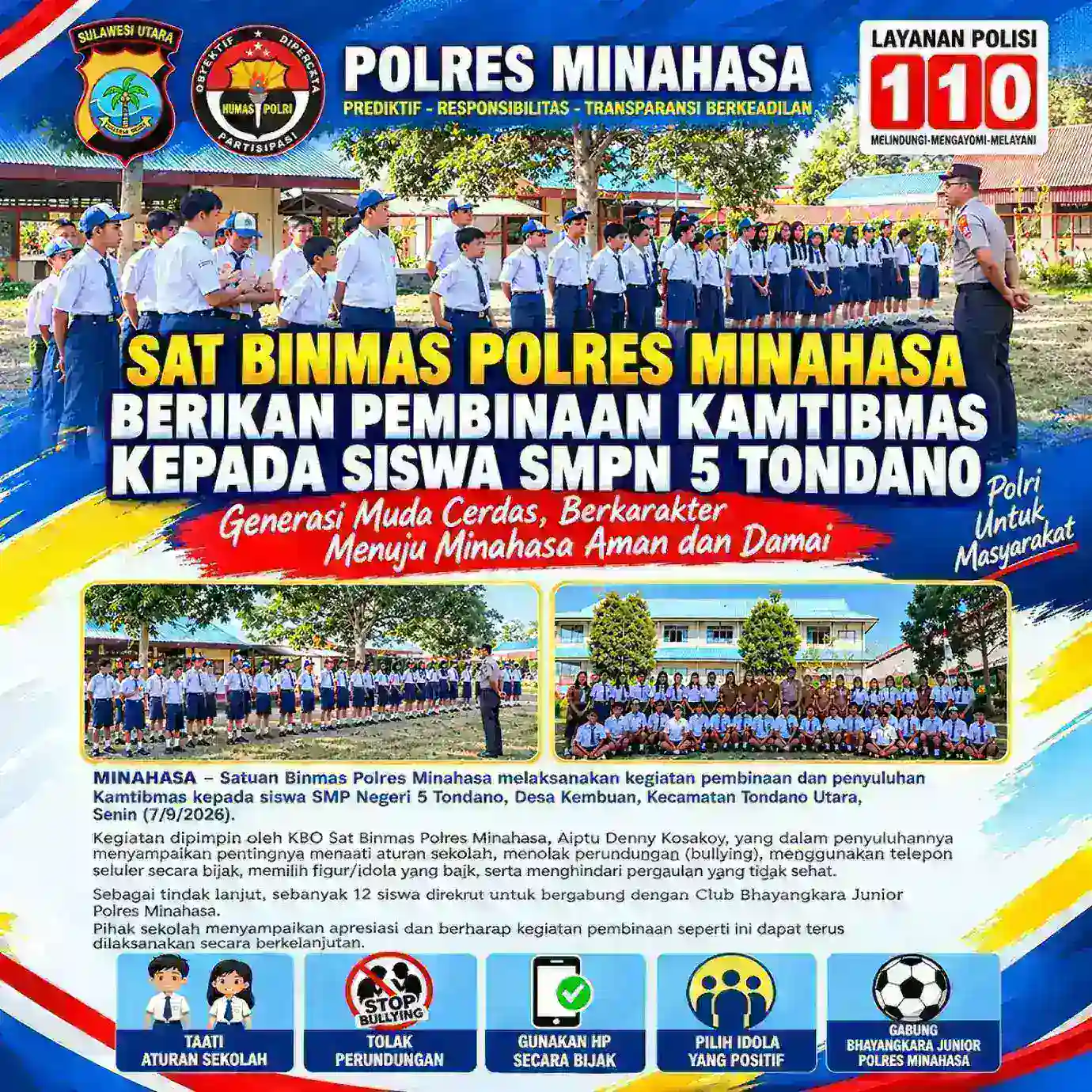 Sat Binmas Polres Minahasa Berikan Pembinaan Kamtibmas kepada Siswa SMPN 5 Tondano