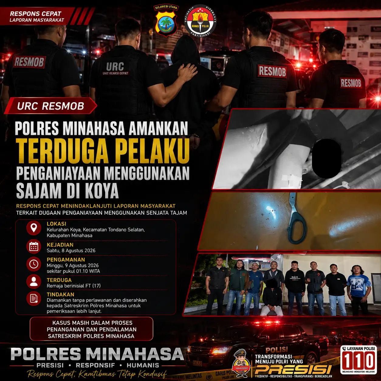 Tim URC Resmob Polres Minahasa Amankan Terduga Pelaku Penganiayaan Menggunakan Sajam di Koya