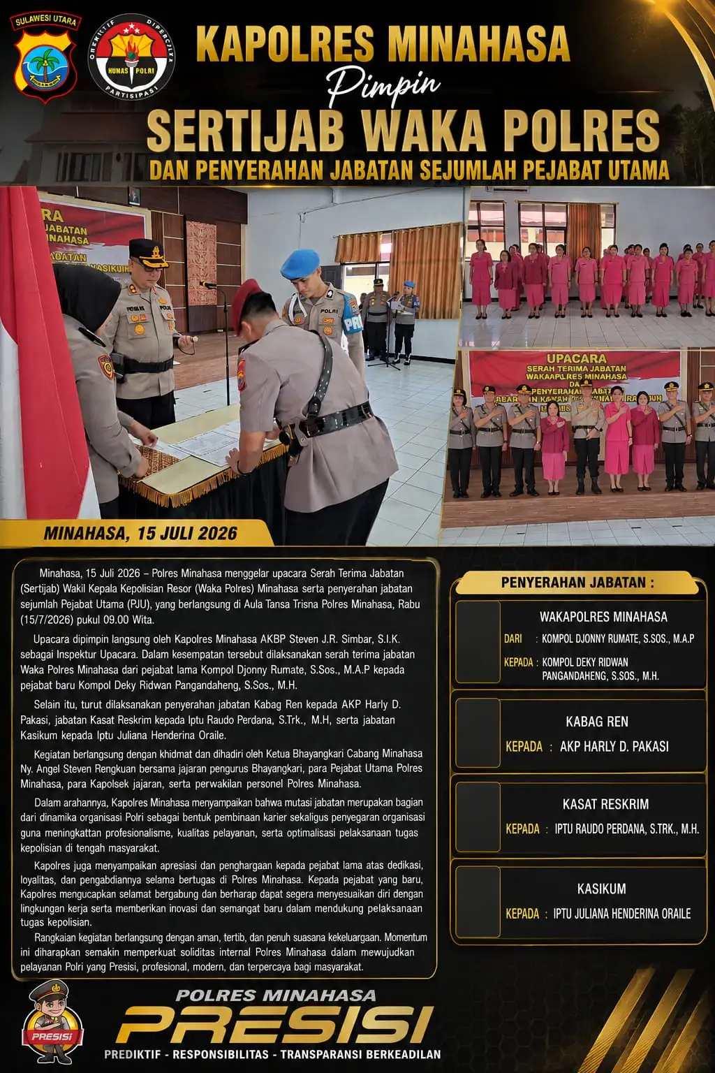 Kapolres Minahasa Pimpin Sertijab Waka Polres dan Penyerahan Jabatan Sejumlah Pejabat Utama